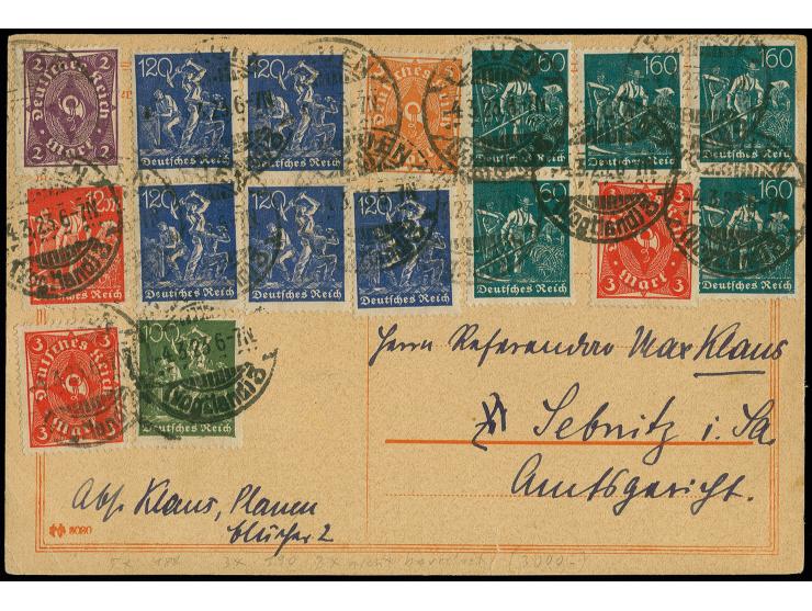 1921, Arbeiter 120 und 160 Pfg., je 5 Stück mit Zufrankatur mit Stempel "PLAUEN 4.3.23" auf Karte nach Sebnitz, zwei Werte Ei