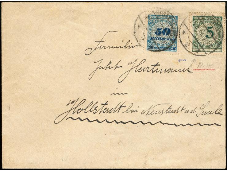 50 Mrd. M. spätverwendet zusammen mit 5 Pfg. (HT) auf Bedarfsbrief von "REGENSBURG 13.2.24" nach Neustadt/Saale, gering unfri