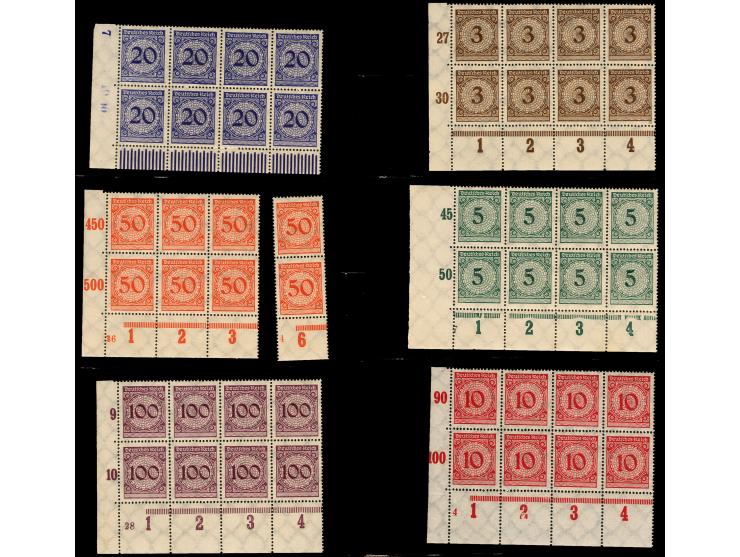 1923, Korbdeckel 3-100 Pfg. im 8er-Block aus der linken unteren Bogenecke, 50 Pfg. 6er-Block und senkrechtes Unterrandpaar, p
