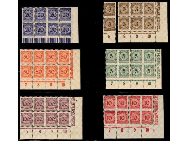 1923, Korbdeckel 3-100 Pfg. im 8er-Block aus der rechten unteren Bogenecke, 3 Pfg. 6er-Block und senkrechtes Unterrandpaar, p