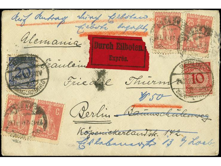20 Pfg. und 10 Pfg. mit Stempel "BERLIN-BAUMSCHULENWEG 24.12.23" für die Eilbotengebühr auf Nachsendebrief aus Portugal mit 2