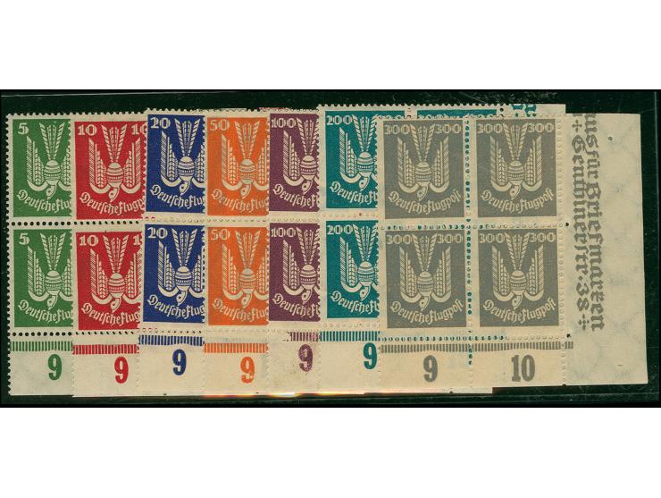 1924, Flugpost Holztaube 5-300 Pfg. kpl. in Viererblocks aus der rechten unteren Bogenecke, postfrisch, Kabinett