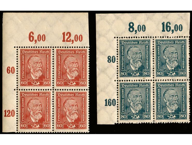 1924, Stephan 60-80 Pfg. im Viererblock aus der linken oberen Bogenecke, postfrisch, tadellos