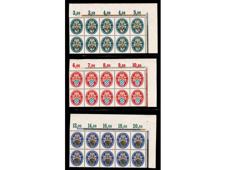 1925, Nothilfe 5-20 Pfg im 10er-Block aus der rechten oberen Bogenecke, postfrisch, teils Falze im Rand, tadellos
