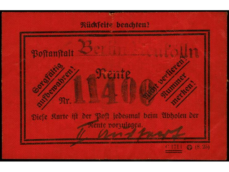 Goethe 25 Pfg. mit Stempel "BERLIN-NEUKÖLLN 30.4.28" als Gebühr für die Zweitausführung rückseitig auf Rentenausweis  mit DV 