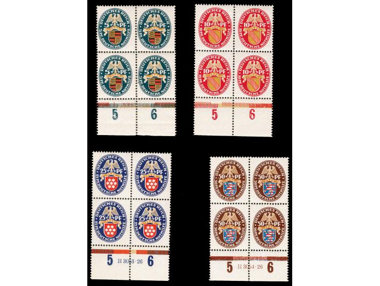 1926, Nothilfe 5-50 Pfg. im Unterrand-Viererblock, 25 und 50 Pfg. mit HAN, postfrisch, tadellos