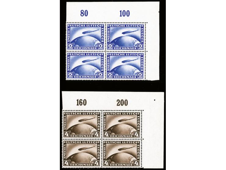 1928, Zeppelin 2-4 RM in einheitlichen Viererblocks aus der rechten oberen Bogenecke, postfrisch, tadellos