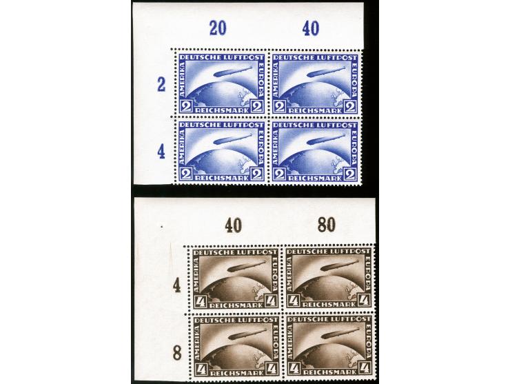 1928, Zeppelin 2-4 RM in einheitlichen Viererblocks aus der linken oberen Bogenecke, postfrisch, tadellos