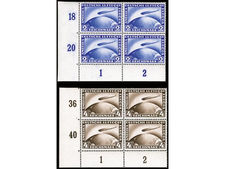 1928, Zeppelin 2-4 RM in einheitlichen Viererblocks aus der linken unteren Bogenecke, postfrisch, tadellos