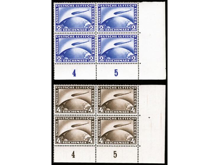 1928, Zeppelin 2-4 RM in einheitlichen Viererblocks aus der rechten unteren Bogenecke, postfrisch, tadellos