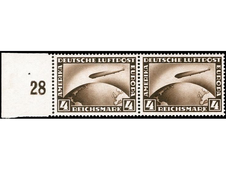 Zeppelin 4 M. mit Plattenfehler "Weißer Punkt am K" im waagerechten Paar mit Normalmarke vom linken Bogenrand, postfrisch, Ka
