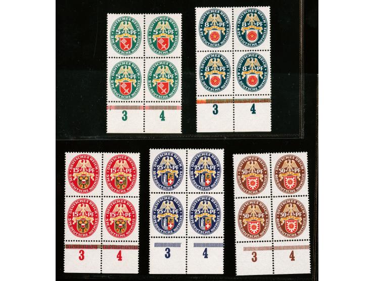 1929, Nothilfe 5-50 Pfg., einheitlich in Unterrand-Viererblocks, postfrisch, tadellos