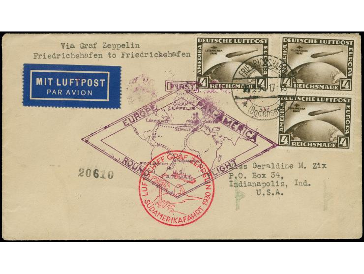 4 M. im senkrechten Paar und Einzelwert mit Stempel "FRIEDRICHSHAFEN 6.6.30" auf Zeppelin-Rundflug-Brief nach Indianapolis, g