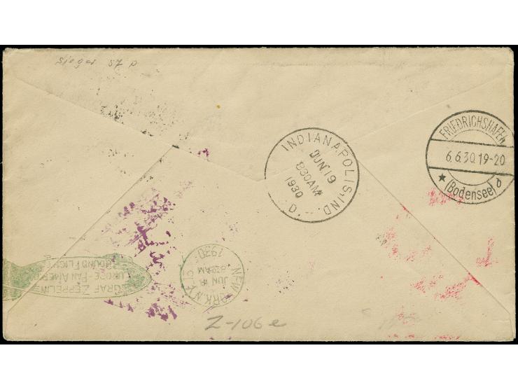4 M. im senkrechten Paar und Einzelwert mit Stempel "FRIEDRICHSHAFEN 6.6.30" auf Zeppelin-Rundflug-Brief nach Indianapolis, g