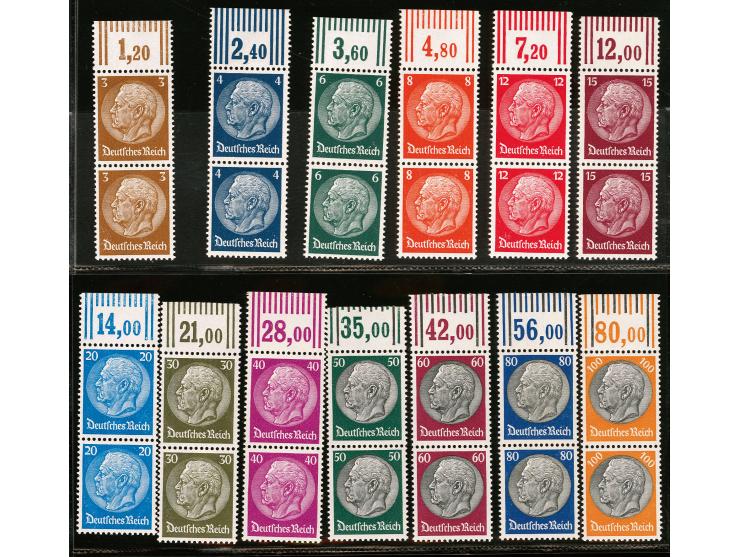 1933, Hindenburg 3-100 Pfg. in senkrechten Paaren mit Oberrand, postfrisch, tadellos