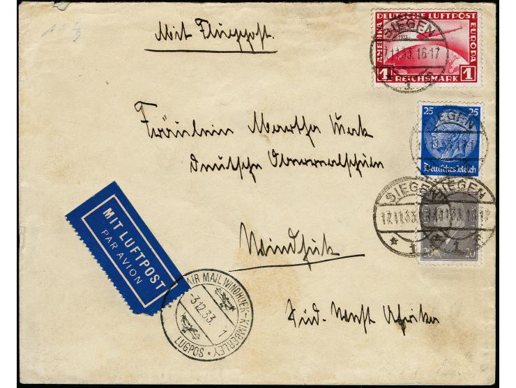 1933, Chicagofahrt 1 M. mit Zufrankatur mit Stempel "SIEGEN 17.11.33" auf Luftpostbrief nach Windhuk, mit innerafrikanischen 