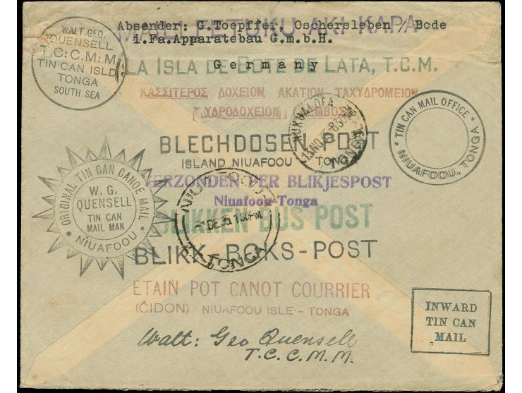 Hindenburg 25 Pfg. blau mit Stempel "OSCHERSLEBEN 2.10.35" auf Brief nach Niuafoou, Tonga Inseln mit vorder- und rückseitig m