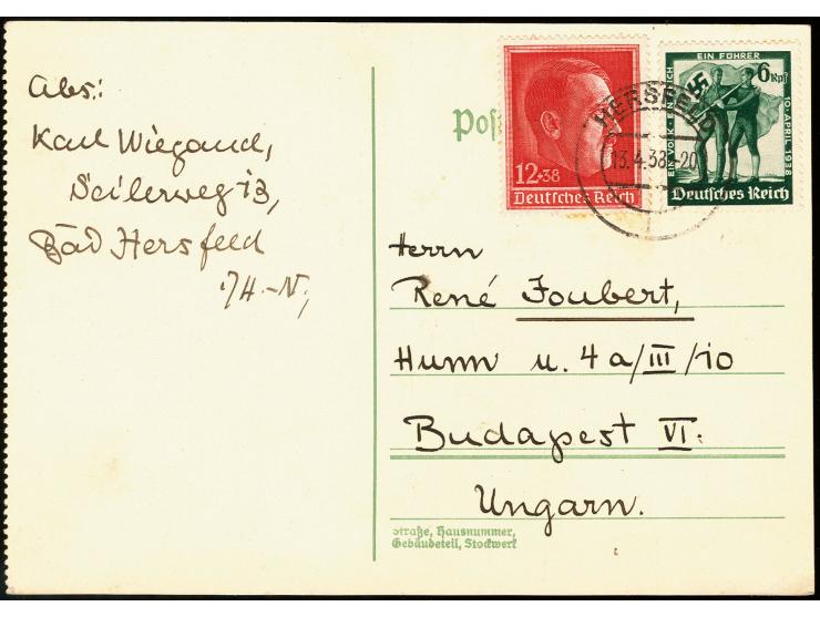1938, Hitlers Geburtstag 12+38 Pfg. mit Ersttagsstempel "HERSFELD 13.4.38", mit Zufrankatur auf Karte nach Ungarn