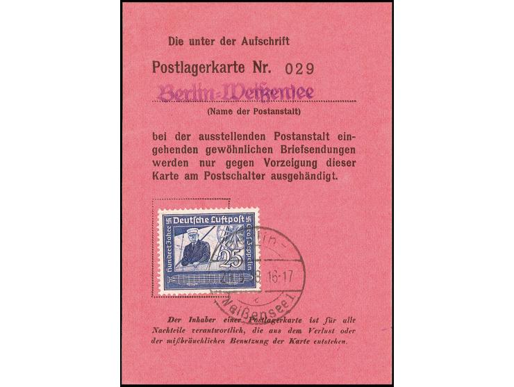 Graf von Zeppelin 25 Pfg. mit Stempel "Berlin-Weißensee 1 29.9.36" als Gebühr für ein Monat rückseitig auf Postlagerkarte mit