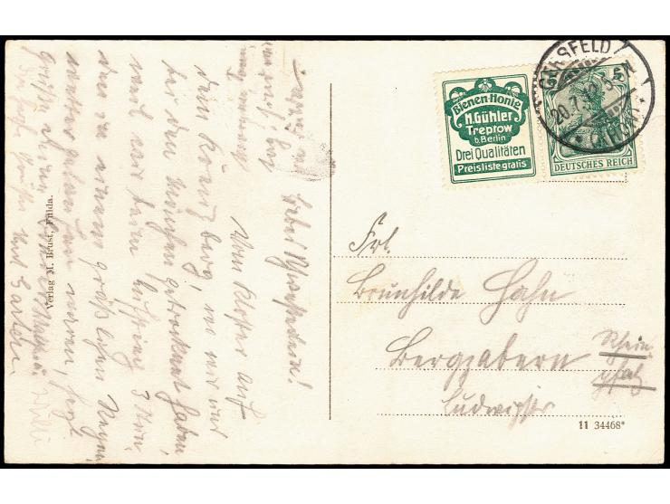 "Bienen-Honig" + 5 Pfg." mit Stempel "GERSFELD 20.7.12" als portogerechte Frankatur auf Postkarte mit viel Text nach Bergzabe