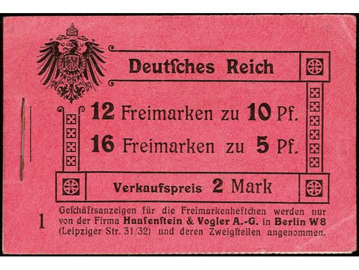 MARKENHEFTCHEN: 1910, Germania, schwarz auf rosa, Ordnungsnummer 1, komplettes Heftchen mit allen Heftchen- und Zwischenblätt