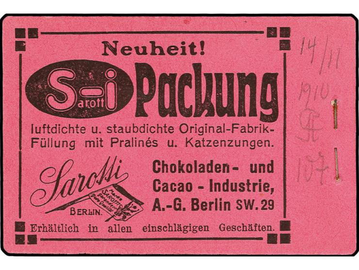 MARKENHEFTCHEN: 1910, Germania, schwarz auf rosa, Ordnungsnummer 1, komplettes Heftchen mit allen Heftchen- und Zwischenblätt
