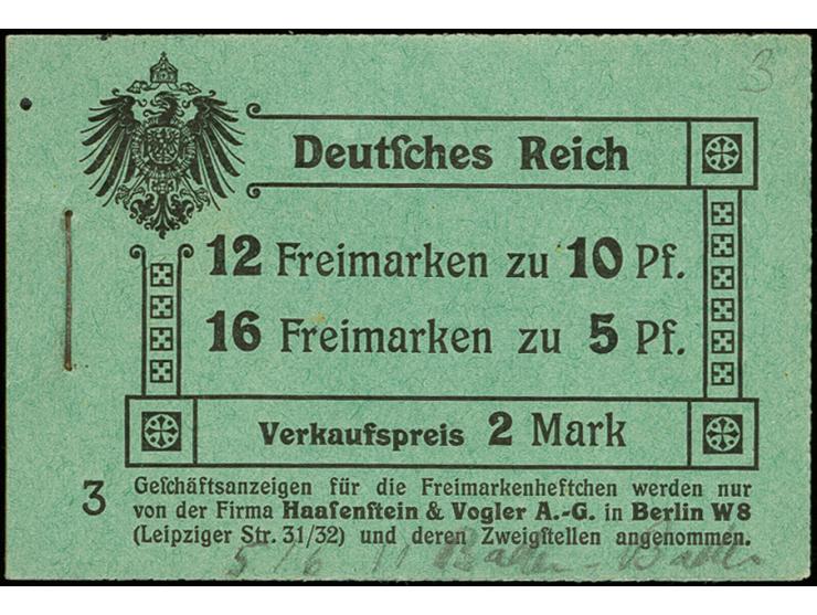 1911, Germania, schwarz auf grün, Ordnungsnummer 3, komplettes Heftchen mit allen Heftchen- und Zwischenblättern, das erste H
