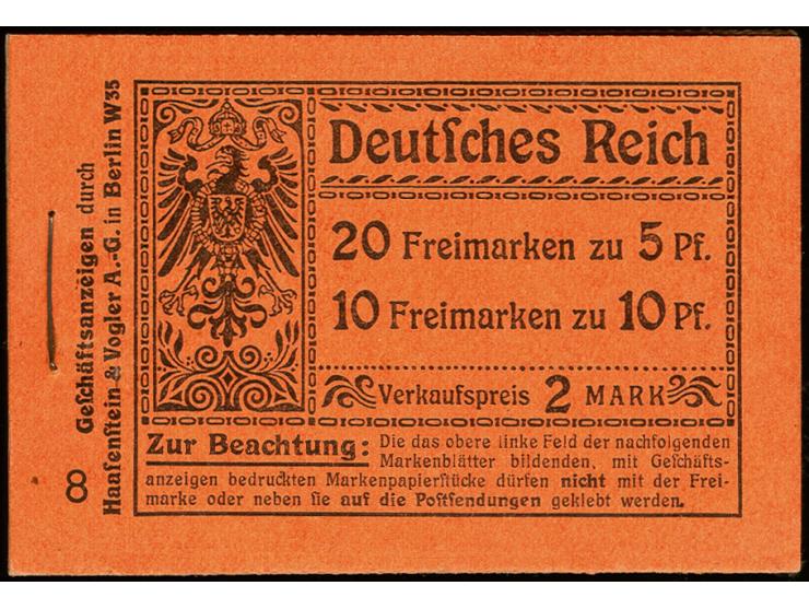1911/12, Germania, schwarz auf orange, Ordnungsnummer 8, komplettes Heftchen mit allen Heftchen- und Zwischenblättern, die re