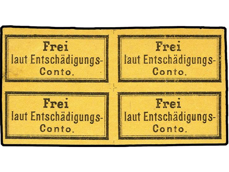 1874, Gebührenzettel schwarz auf gelb im ungebrauchten 4er-Bock mit Originalgummi, leichte Bugspur durch die linke obere Mark