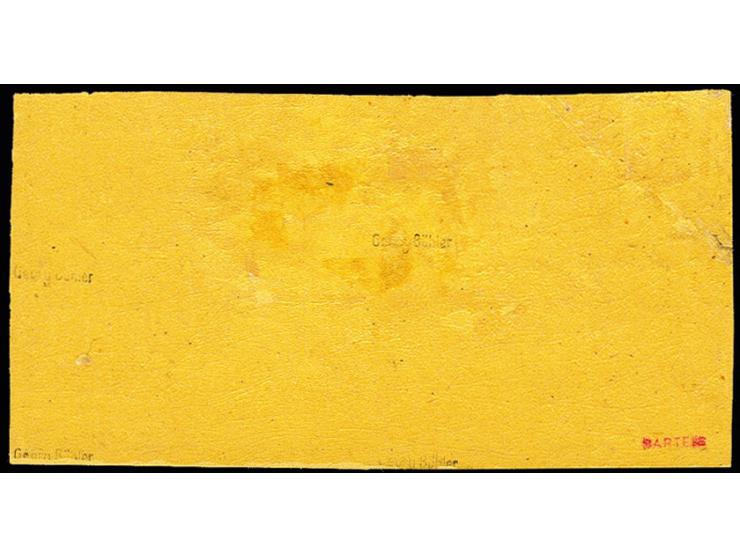 1874, Gebührenzettel schwarz auf gelb im ungebrauchten 4er-Bock mit Originalgummi, leichte Bugspur durch die linke obere Mark