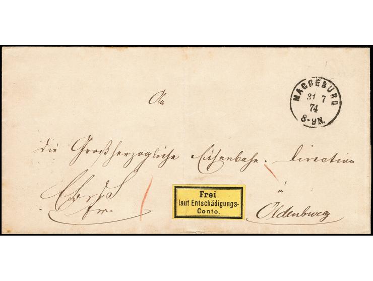 Gebührenzettel allseits vollrandig und farbfrisch auf Eisenbahn-Dienstbrief mit EKr. "MAGDEBURG 31 7 74" nach Oldenburg mit b