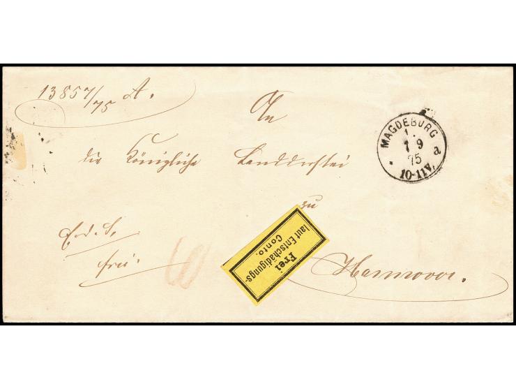 1874, Gebührenzettel, voll- bis meist breitrandig auf Briefhülle mit sauber nebengesetztem EKr. "MAGDEBURG 7 9 75" nach Hanno