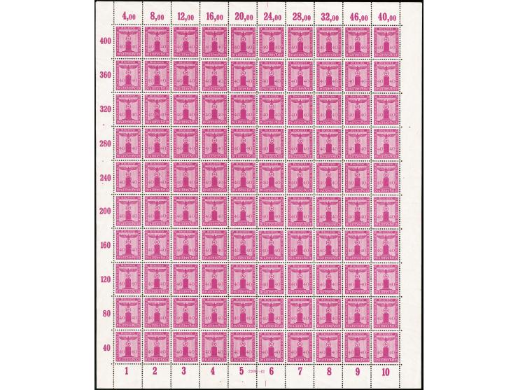 1942, Parteidienstmarke 40 Pfg. im kompletten Bogen mit allen Rändern und HAN, Feld 9 mit Reihenwertzahl "46" statt "36", pos
