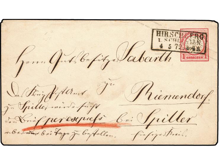 Ganzsachenumschlag 1 Gr. mit Stempel "HIRSCHBERG I. SCHLESIEN 4.5.72" mit handschriftlichem Vermerk "Das Königl. Postamt zu S
