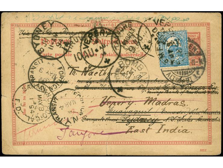 1890, Ganzsachenkarte 10 Pfg. gebraucht von "DRESDEN (29.2.94)" via Vancouver und San Francisco nach Sydney mit Ankunftsstemp