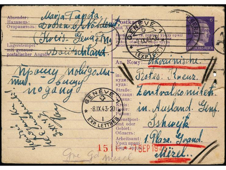1943 Ostarbeiterkarte 6 Pfg. addressiert an das Rote Kreuz in der Schweiz, mit angeheftetem Zettel und diversen Zustellvermer