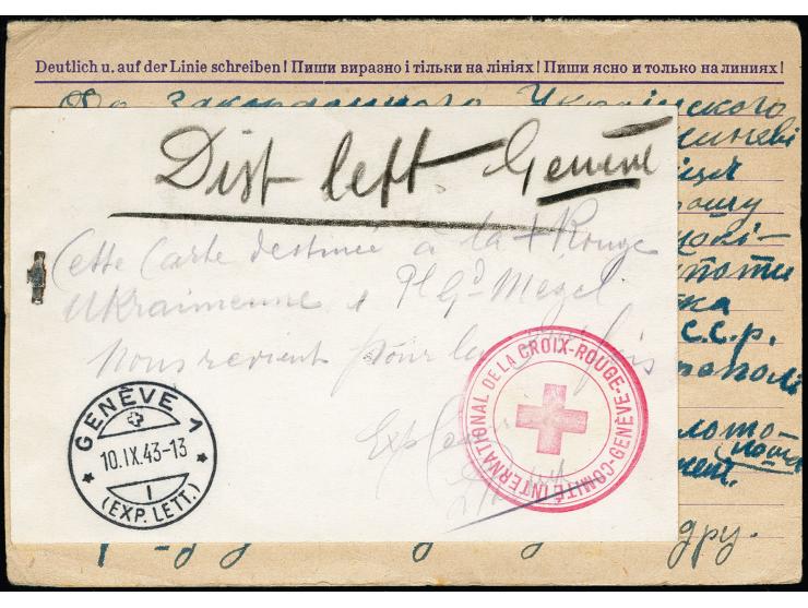1943 Ostarbeiterkarte 6 Pfg. addressiert an das Rote Kreuz in der Schweiz, mit angeheftetem Zettel und diversen Zustellvermer