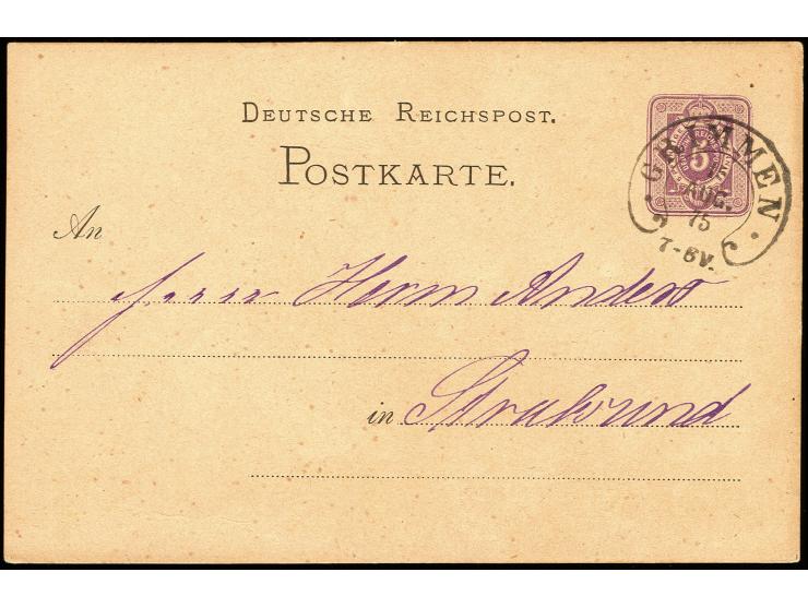 "GRIMMEN 15.AUG.75", sehr klar auf Ganzsachenkarte 5 Pfge nach Stralsund, Kabinett (Spalink 15)