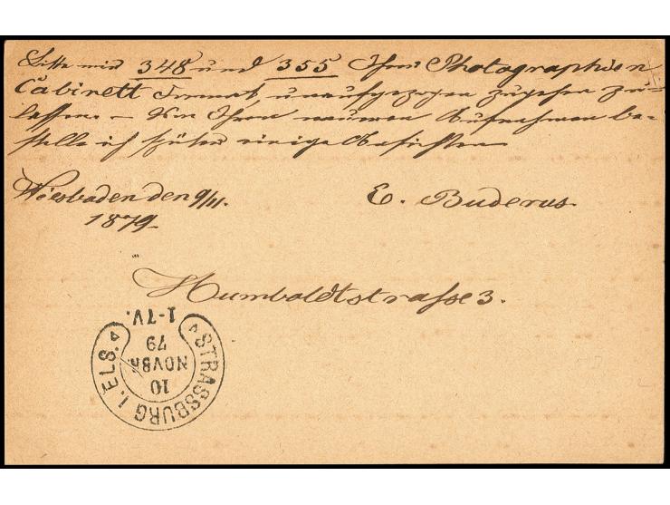 "STRASSBURG i. ELS. 10 NOVBR.79", sehr klar als Ankunftsstempel rückseitig auf Ganzachenkarte 5 Pfg. von "WIESBADEN 9.11.79",