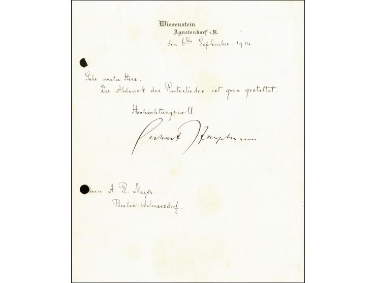 "Gerhard Hauptmann", Dichter, 1862-1946, e.U. auf Anschreiben mit Text "...Der Abdruck des Reitersliedes ist gern gestattet",