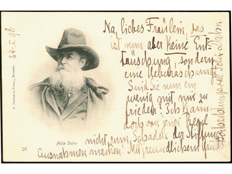 "Felix Dahn", 1834-1912, Professor für Rechtswissenschaften, Schriftsteller und Historiker, e.U. je auf Postkarte 1898 mit vi
