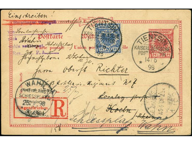 1898, 20 Pfg. violettultramarin als portogerechte Zufrankatur auf Ganzsachenkarte 10 Pfg. als R-Karte von "TIENTSIN KDPAg 14.