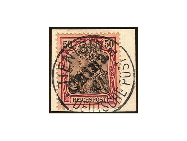 50 Pfg., farbfrisch und gut gezähnt mit sauberem Stempel "TIENTSIN a 7.1 01" (Sorte II)  auf Briefstück, ein tadelloser und s