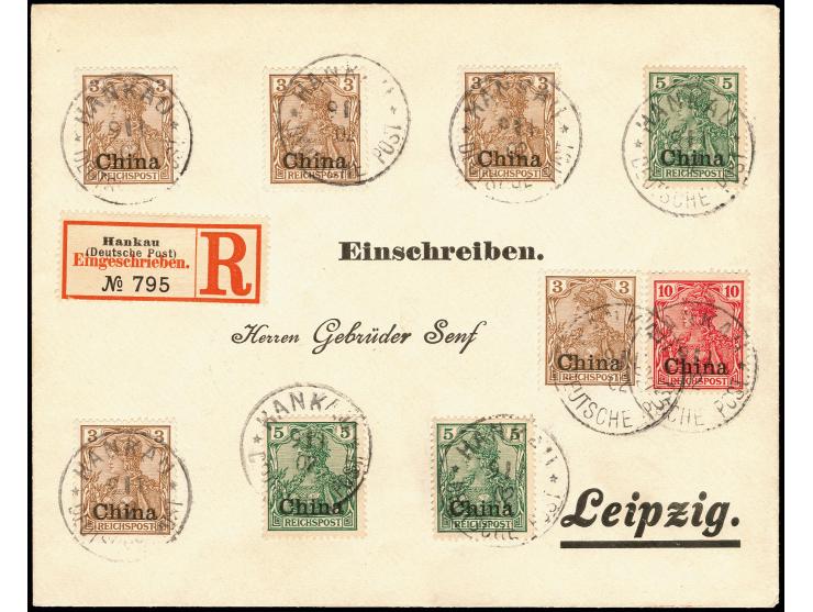 3 Pfg. dunkelorangebraun, 5 Einzelwerte und 5 Pfg. (3) und 10 Pfg. als portogerechte Frankatur auf R-Brief von "HANKOW 9.1.02