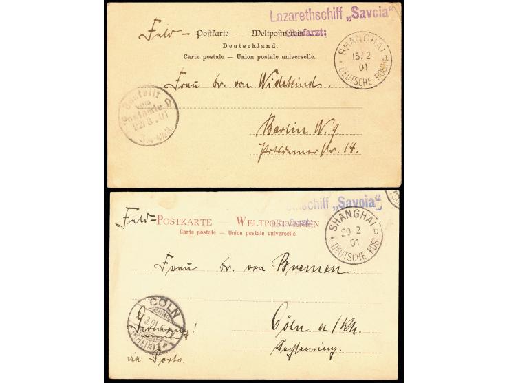 "Lazarethschiff Savoia Chefarzt:", violetter L2 klar und einmal in blau etwas undeutlich auf 2 Feldpost-Ansichtskarten mit Au