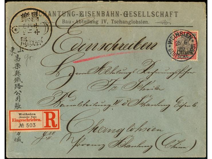 "WEIHSIN DP 25.6.02" auf 1901, 40 Pfg. als portogerechte Einzelfrankatur auf R-Brief der Schantung-Eisenbahn-Gesellschaft nac
