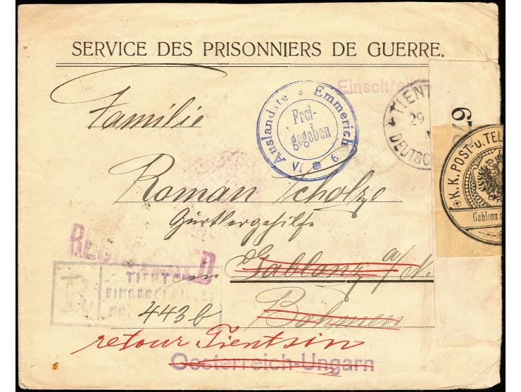 1916, R-KGF-Vordruckbrief von "TIENTSIN DP a 29.3.16" mit R-Stempel via USA und Deutschland mit Zensurstempel bzw. Verschlußz