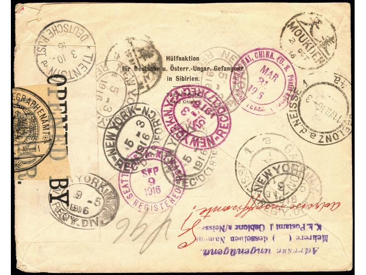 1916, R-KGF-Vordruckbrief von "TIENTSIN DP a 29.3.16" mit R-Stempel via USA und Deutschland mit Zensurstempel bzw. Verschlußz