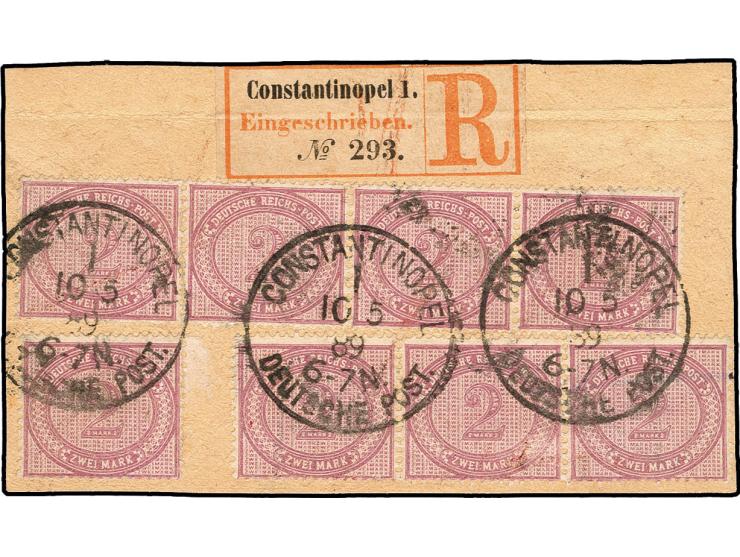 1875/99, 2 M. lebhaftgraulila, waagerechter 4er- und 3er-Streifen und Einzelwert mit Stempel "CONSTANTINOPEL 10 5 89" auf R-B