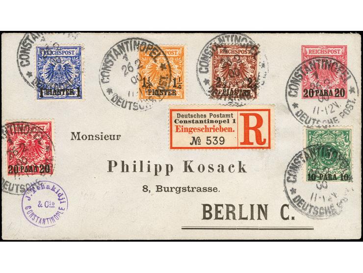 1899, 10 Pa. bis 2 1/2 Pia. kpl. auf Ganzsachenumschlag 20 Pa. auf 10 Pfg. im Format A als R-Brief von "CONSTANTINOPEL 1 26.2